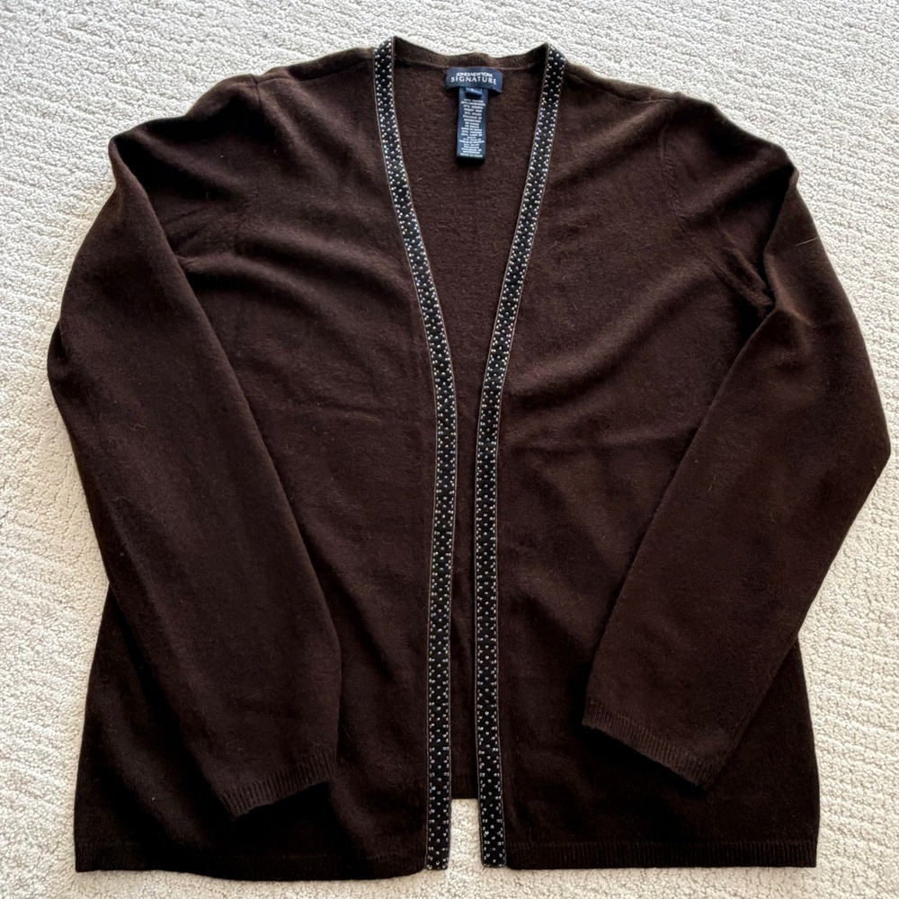 Jones New York Signature Brown Angora Lambswool Beaded Open Cardigan LG Classic